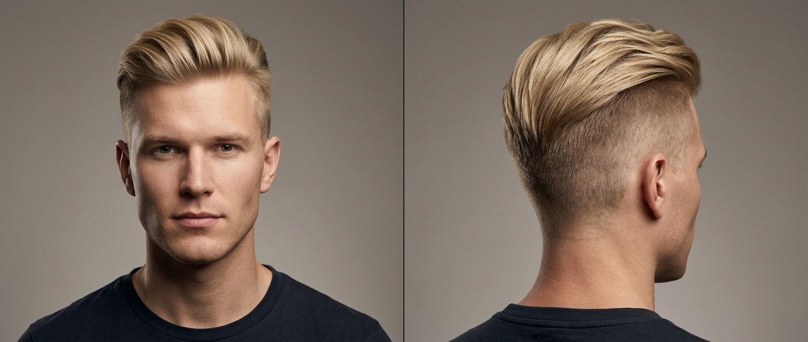 Profil et face d'un homme blond avec coupe undercut swept-back déconnectée, dégradé à blanc skin fade et volume texturé sur le dessus.