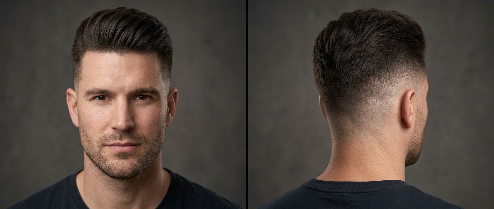 Vue de face et arrière d'un homme portant un undercut swept-back texturé avec dégradé à blanc haut, widow's peak et barbe de trois jours.