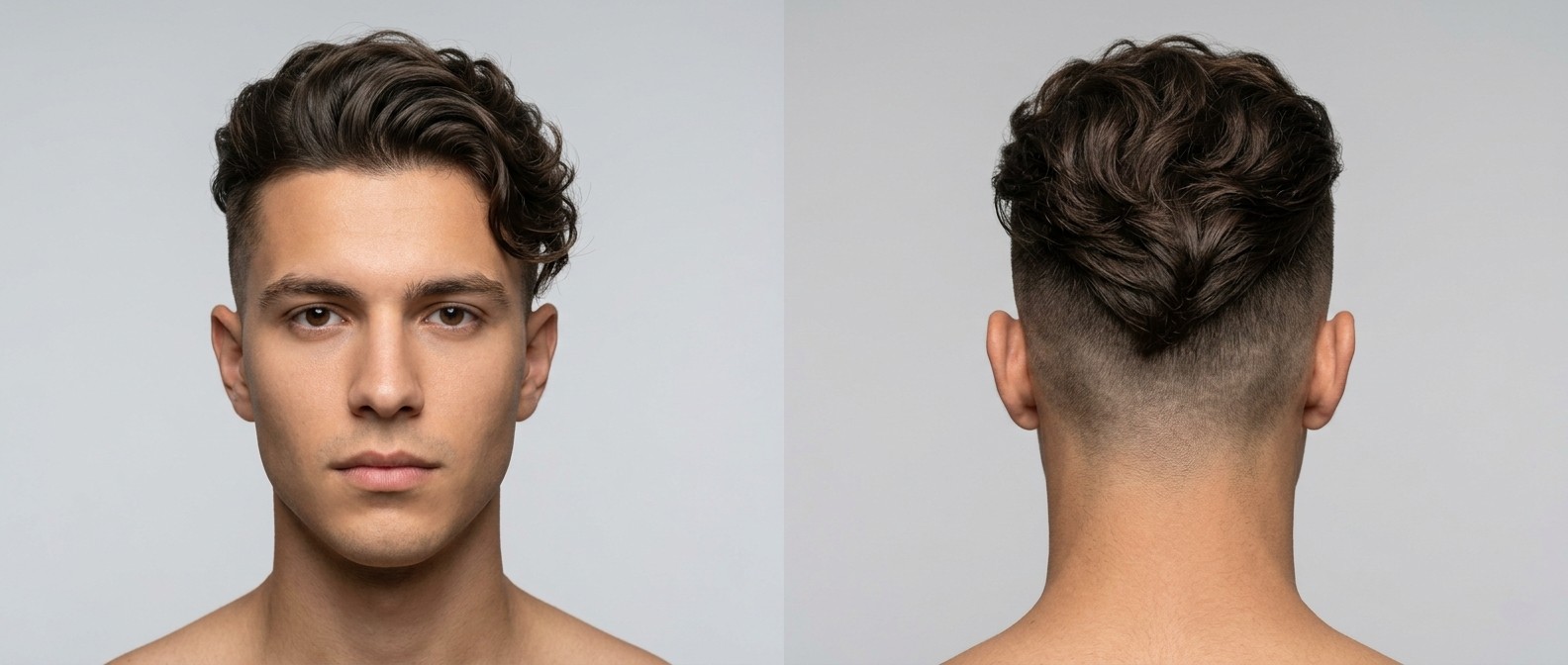Widok z przodu i z tyłu na mężczyznę z falowanym disconnected undercut, wygolonymi bokami i zaczesaną górą w kształcie litery V.