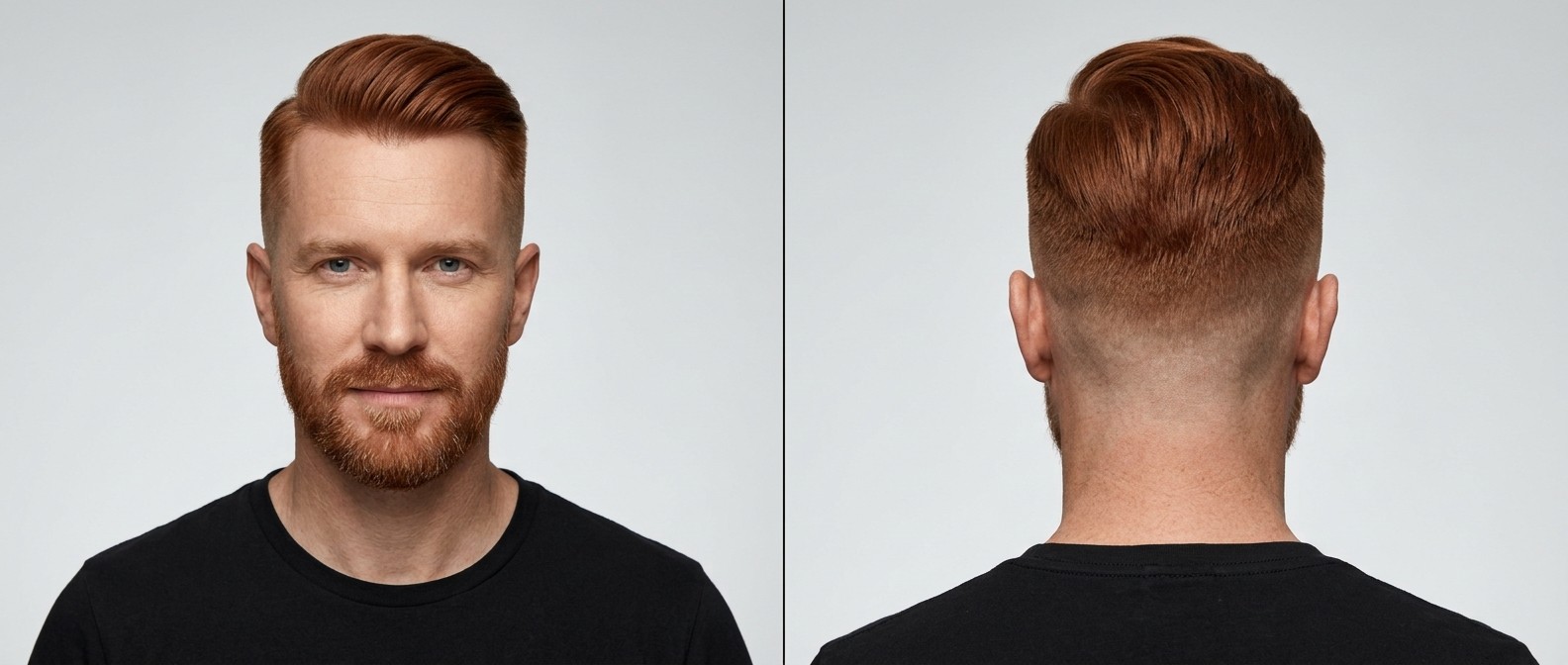 Widok z przodu i z tyłu na dojrzałego mężczyznę z krótką brodą i zaczesanym undercutem z wysokim skin fade na gęstych, prostych rudych włosach.