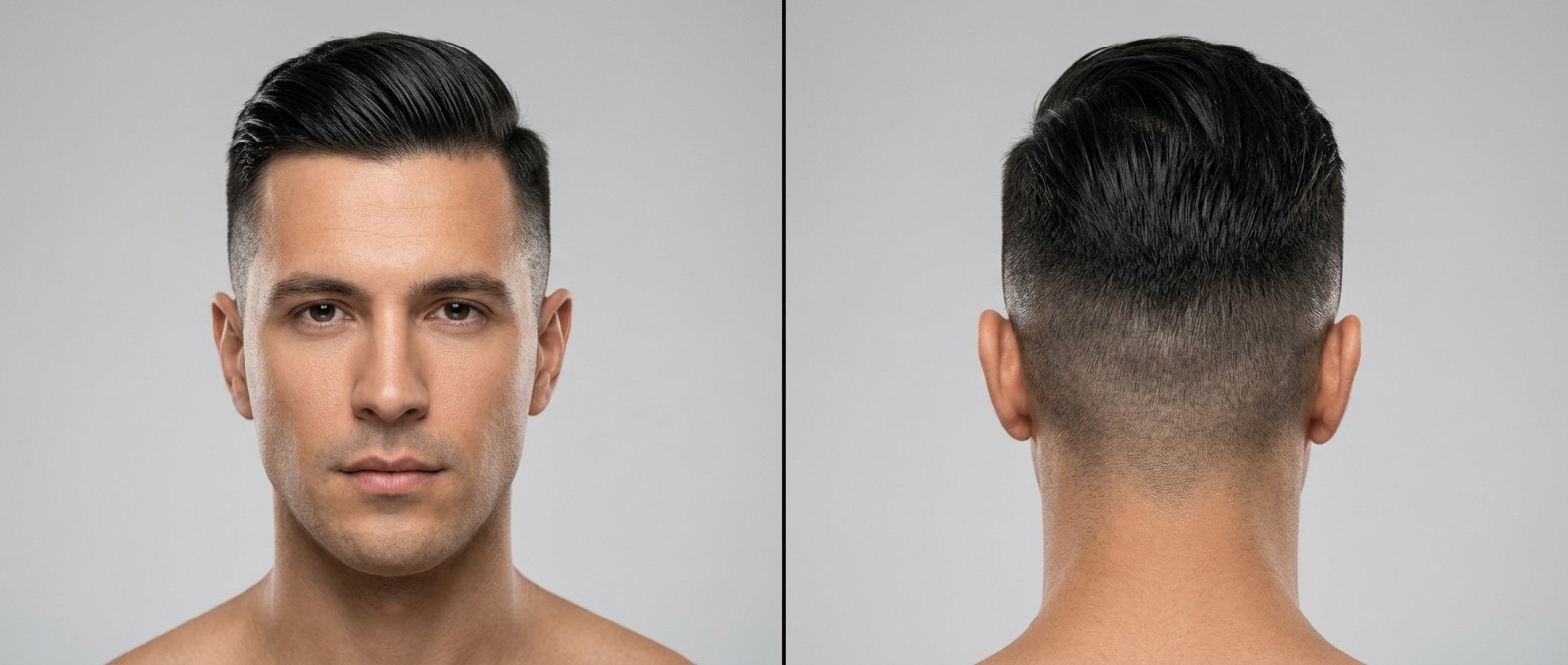 Profesjonalny mężczyzna z czarnymi, prostymi włosami w klasycznej fryzurze undercut z zaczesem do tyłu.