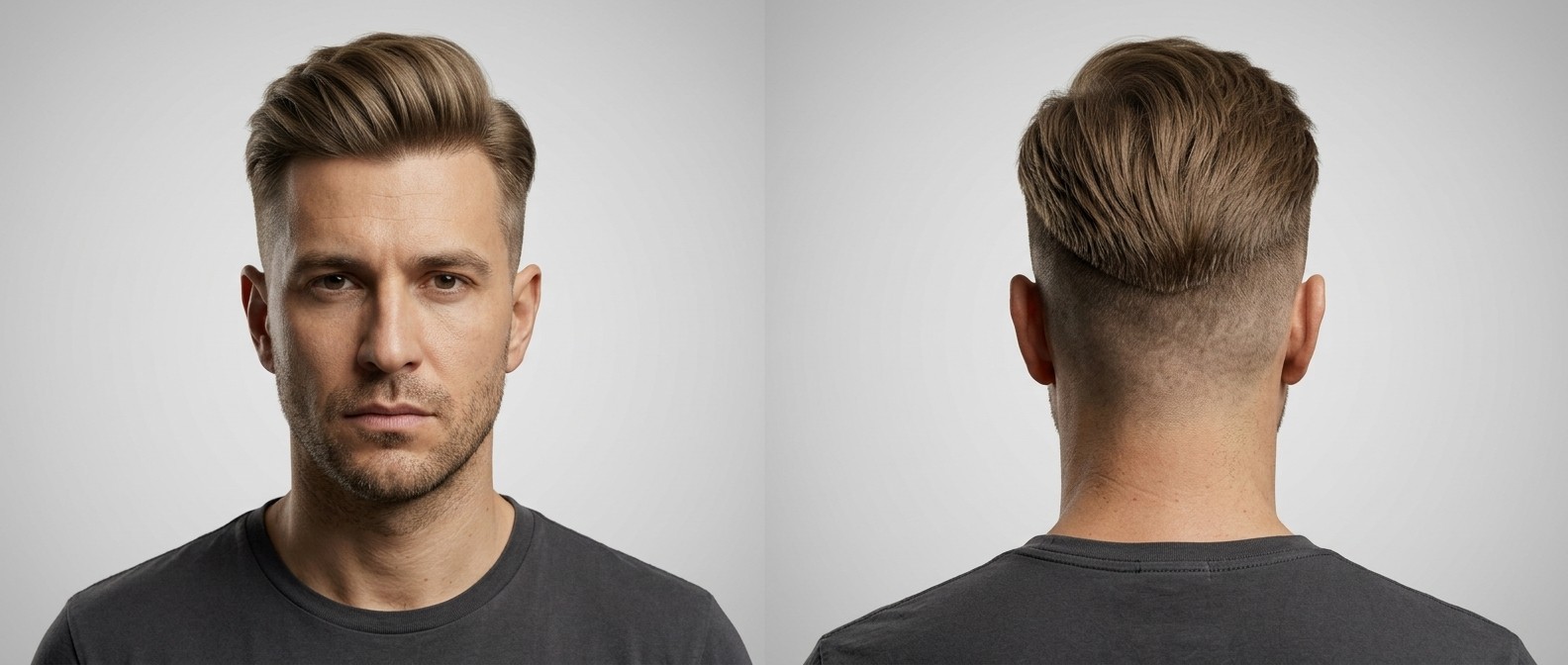 Front and back view of a 40-year-old man with a swept-back disconnected undercut, featuring very short sides and a V-shaped drop at the crown.