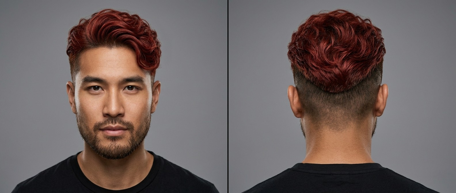 Widok z przodu i z tyłu na mężczyznę z czerwonym, falowanym undercutem, skin fade'em i krótką brodą.