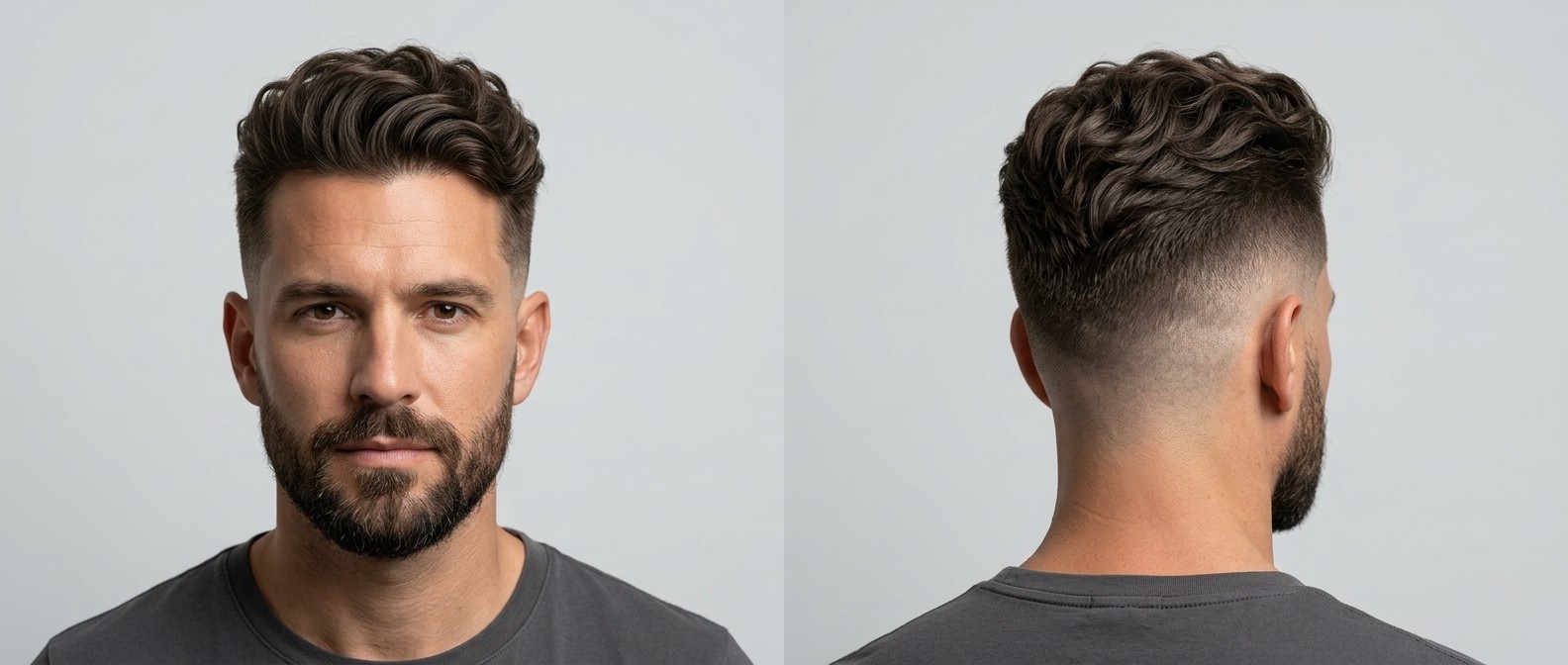 Mężczyzna z falowaną fryzurą typu undercut, wysokim skin fade i zadbaną brodą, widok z profilu i tyłu.