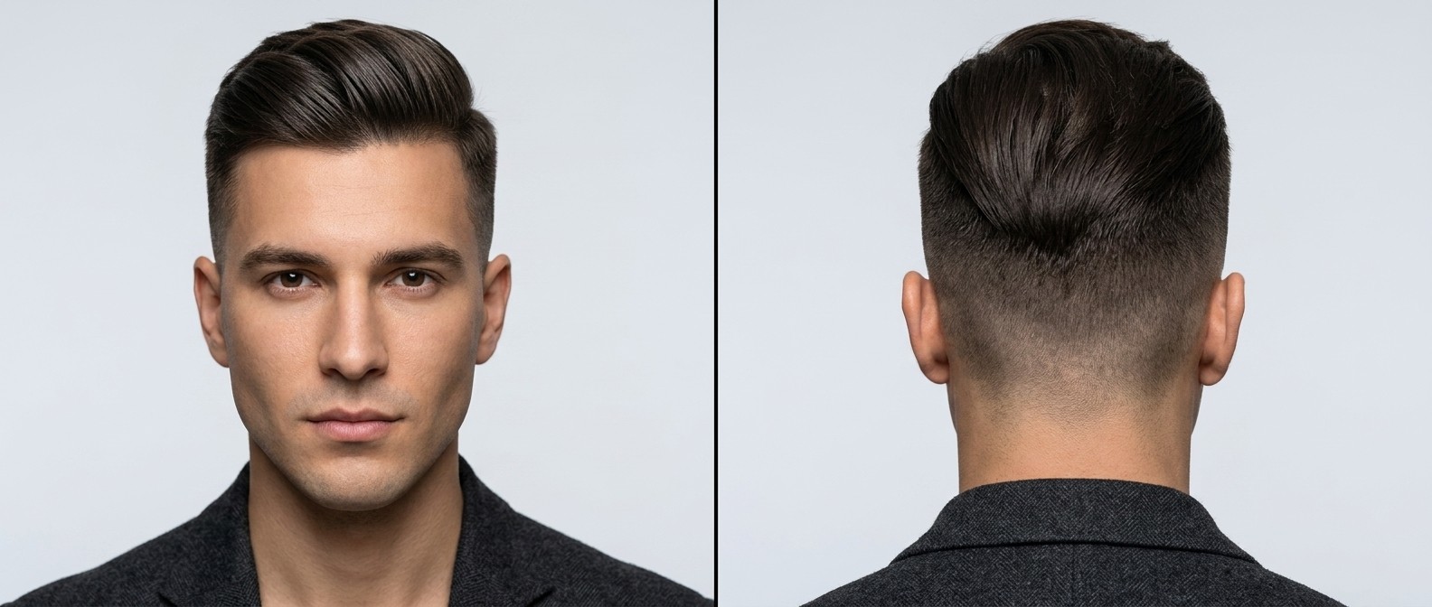 Front and back view of a Caucasian man with thick dark brown hair modeling a swept-back skin fade undercut with distinct comb lines and volume.