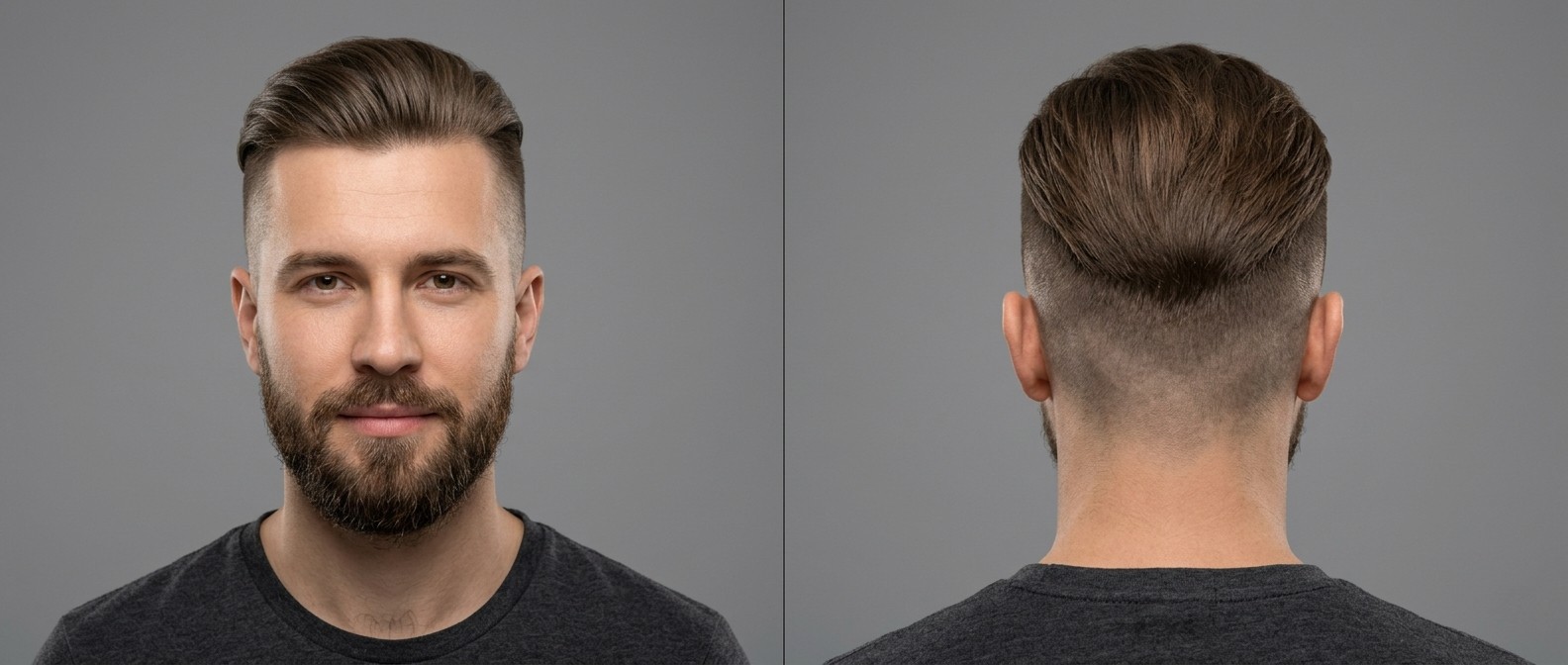 Front and back view of a man with an undercut, featuring long swept-back brown hair on top, high skin fade sides, and a neatly groomed beard.