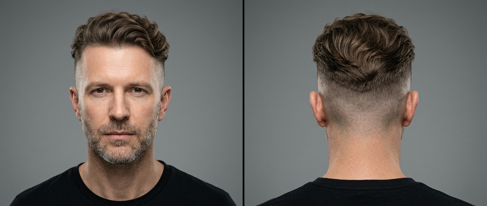 Vista frontal y trasera de un hombre maduro con undercut ondulado peinado hacia atrás, high skin fade, cabello castaño texturizado y barba corta.