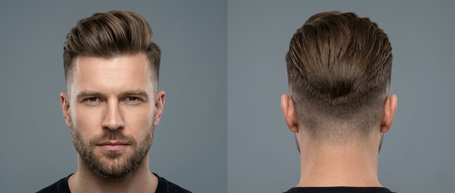 Hombre de 40 años con barba corta luciendo un undercut moderno peinado hacia atrás con pompadour texturizado.