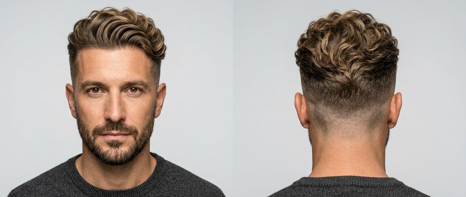 Vista frontal y trasera de un hombre maduro con barba corta, skin fade alto y cabello ondulado rubio peinado hacia atrás.