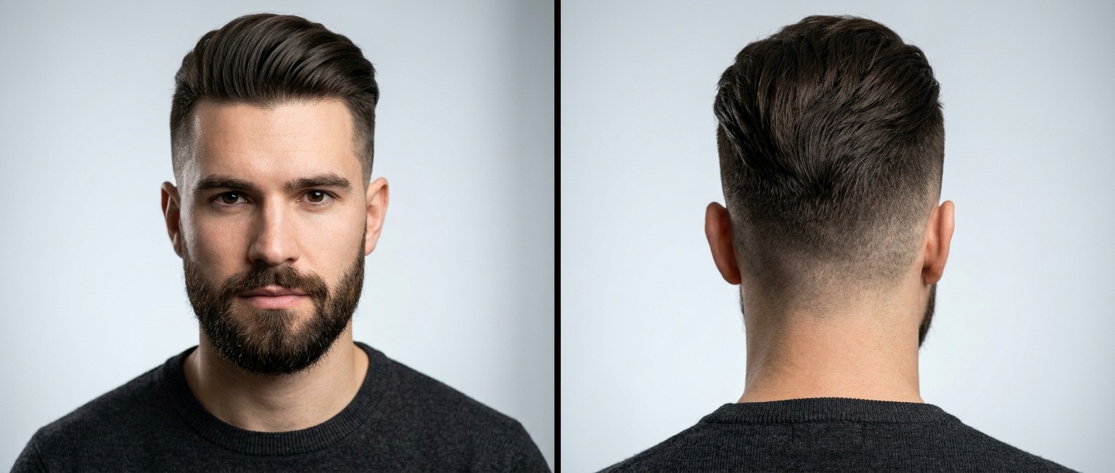 Front and back view of a Caucasian man with a dark brown swept-back textured undercut, high skin fade, and a neatly groomed full beard.