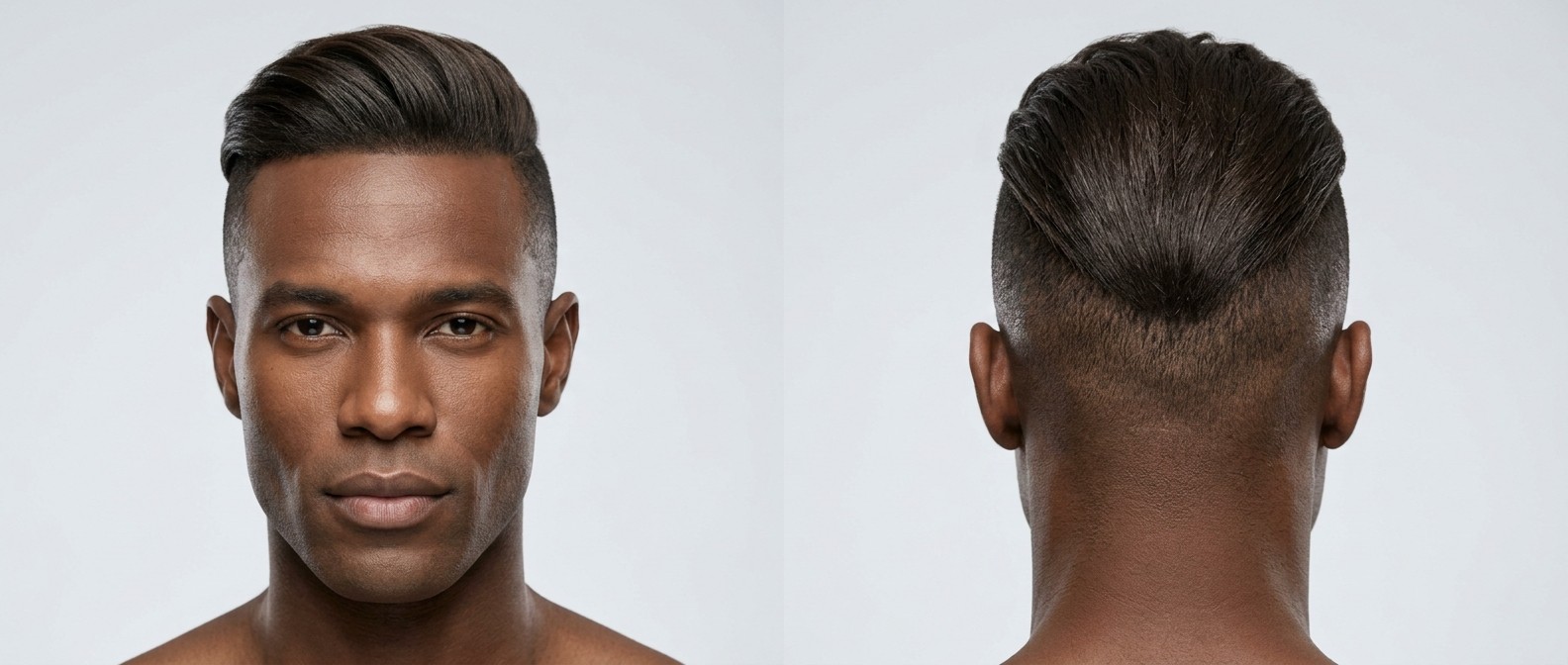 Mężczyzna w wieku 35-45 lat z fryzurą disconnected undercut, wysokim skin fade'em i długimi, prostymi, ciemnobrązowymi włosami zaczesanymi do tyłu.