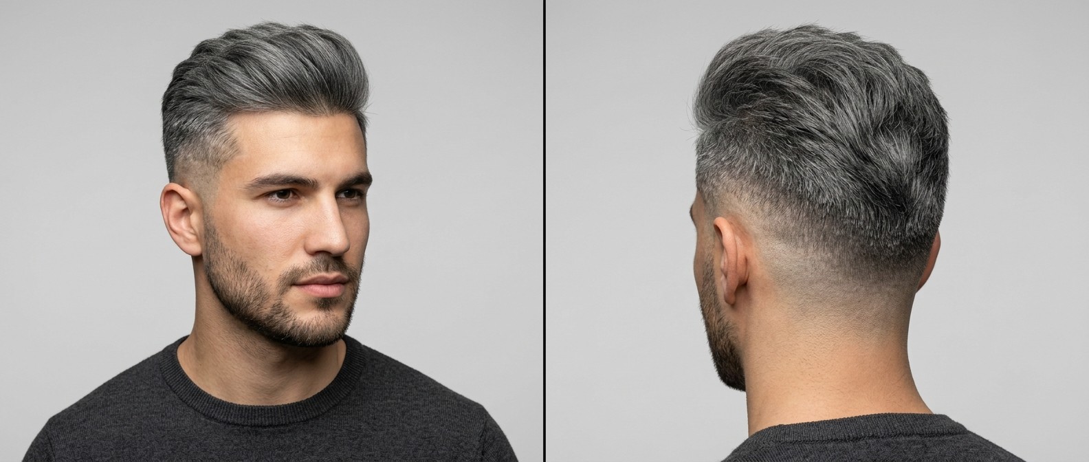 Young man with a silver-gray swept-back undercut, featuring a clean skin fade on the sides and a short, neat beard, viewed from front and back.